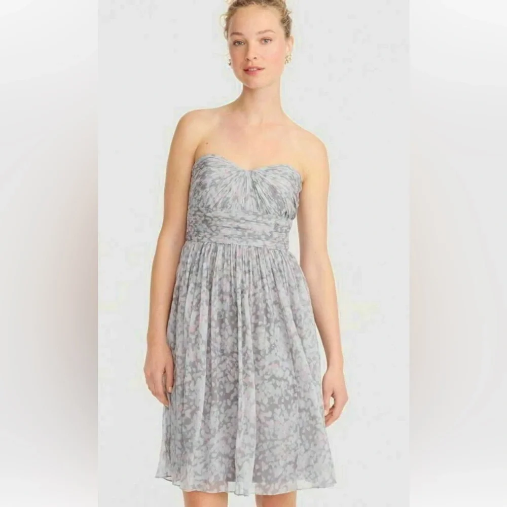 J Crew Marbella Watercolor Silk Chiffon Strapless Dress Blue Size 6 Lined